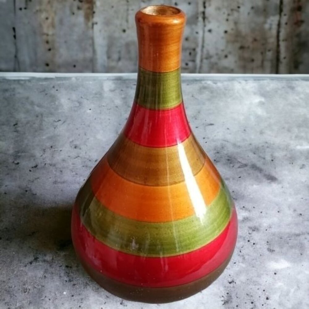 Homeroots ceramic lacquered stripe teardrop budvase red,green,brown copper color